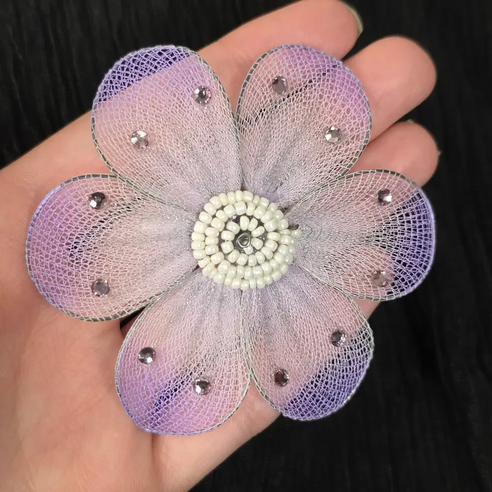 Lavender Mesh Flower Brooch Rhinestone Beaded Statement Pin